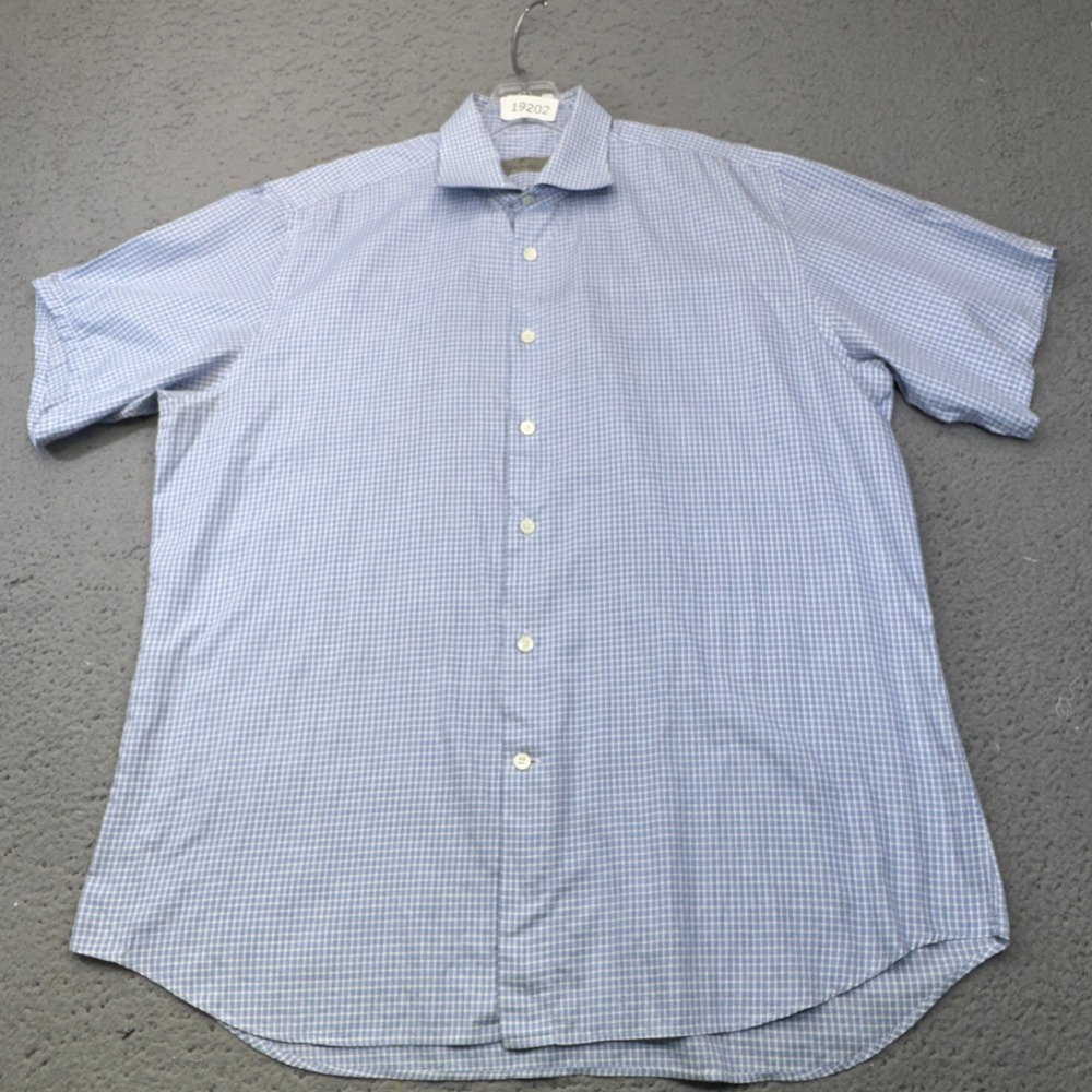 Canali Shirt Mens 17 Large Blue Check Short Sleeve Cutaway Collar Button Down